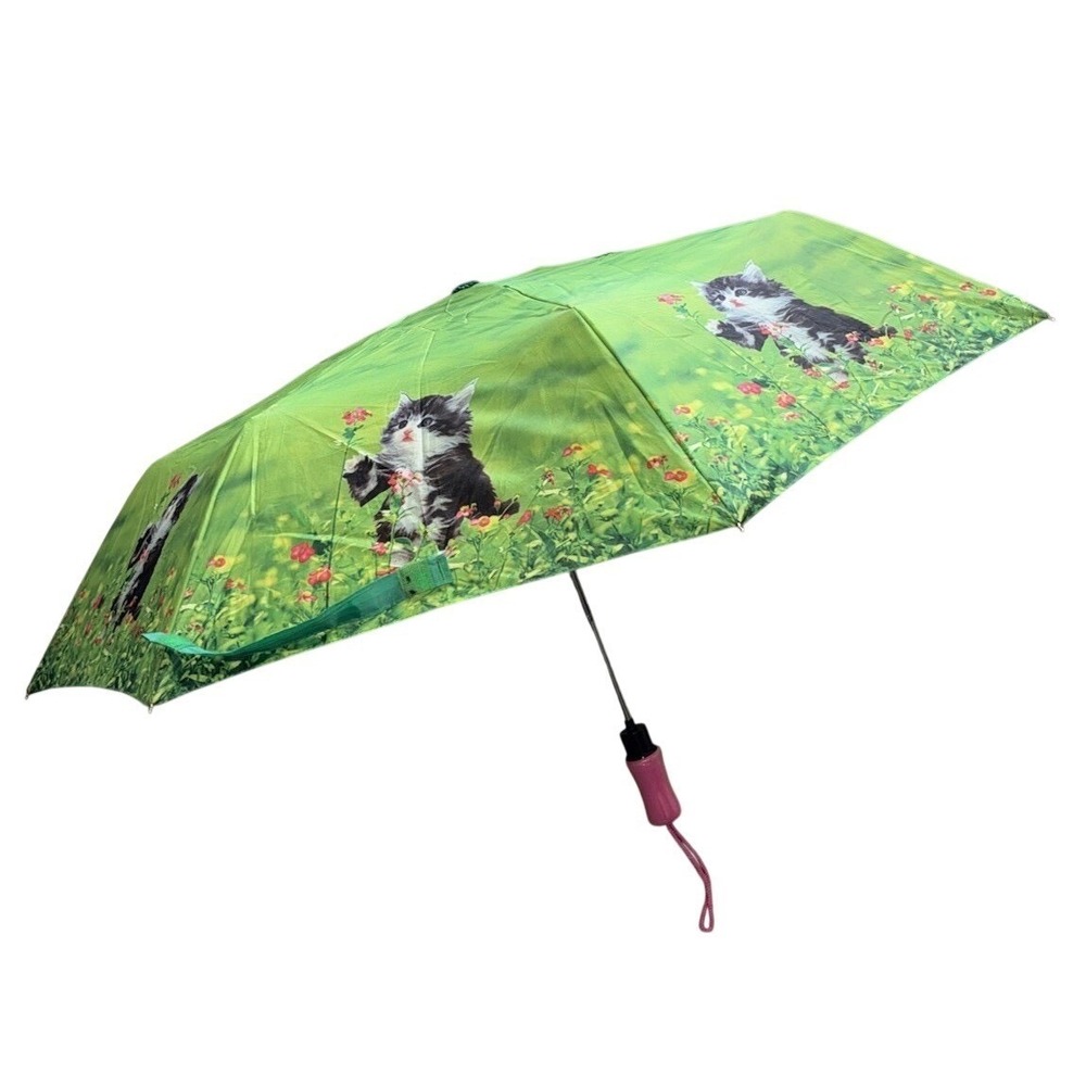 Avon Umbrella  Kittens‎ Field Of Flowers Green Pink 2005 Vintage